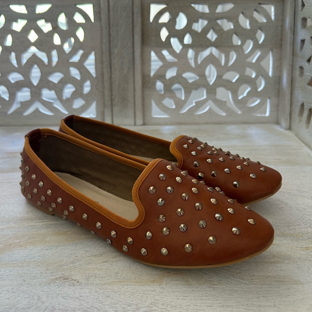 Chelsea Crew Women’s Stallion Brown Tan Studded Flats Loafers 39